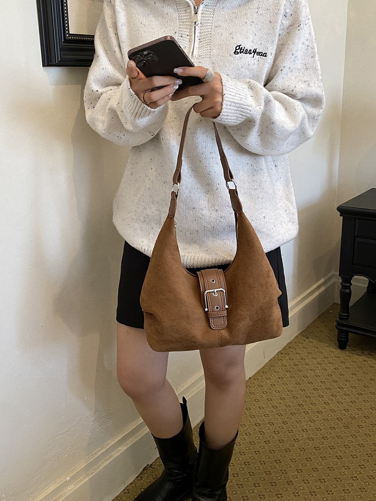 Vintage Suede Shoulder Bag for Women